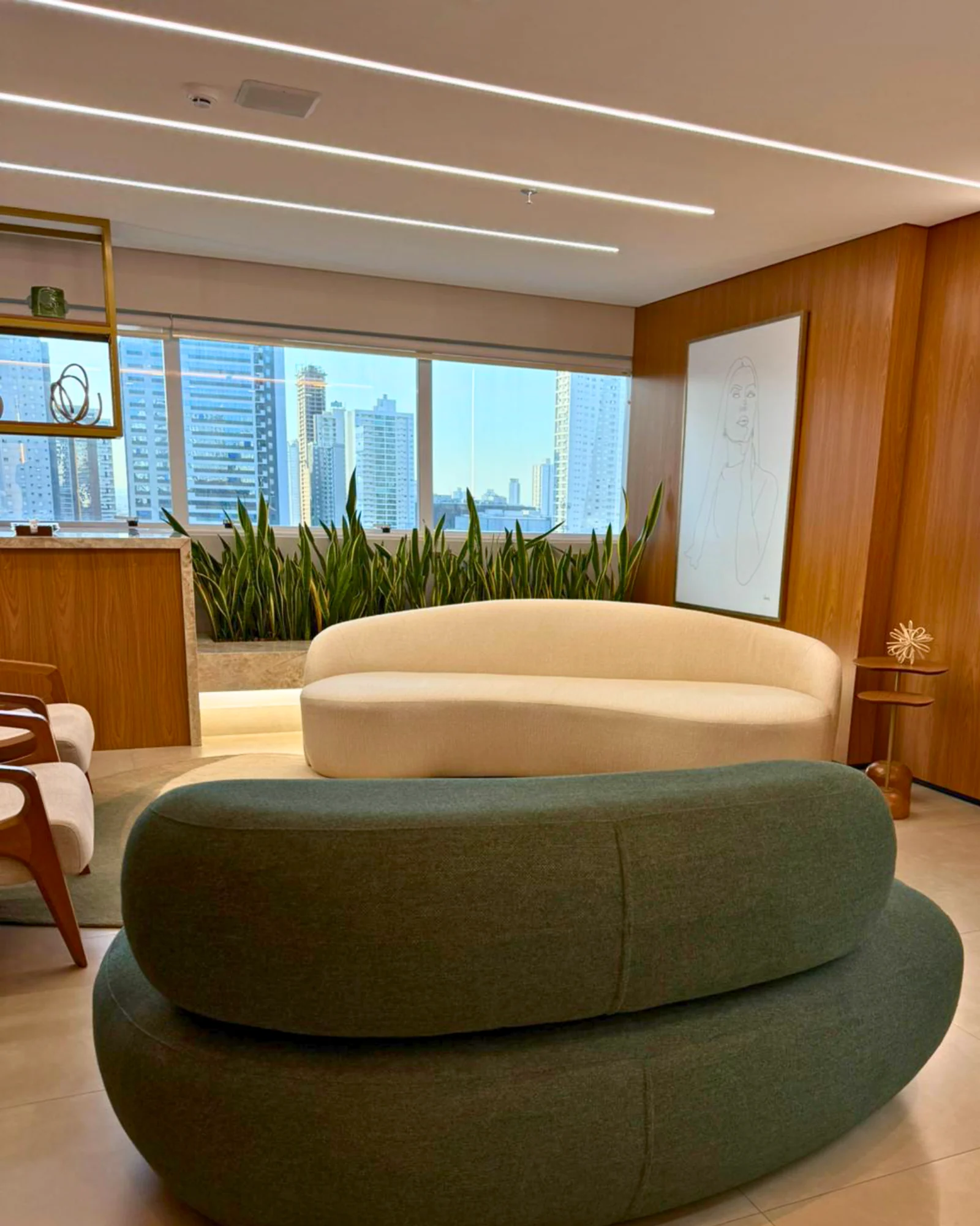 Recepção da clínica AGE com sofás em verde e creme e vista para Goiânia